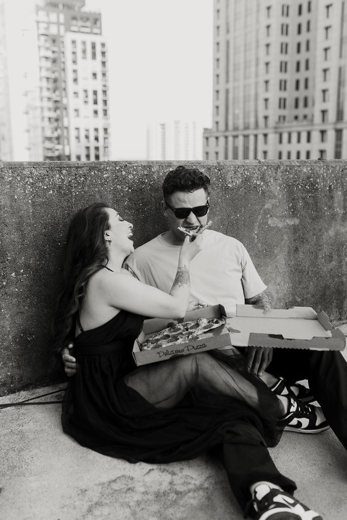 engagement photos with pizza in downtown atlanta