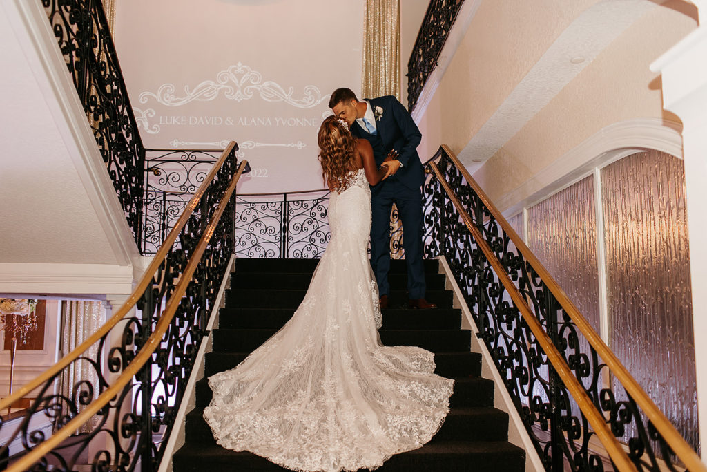 crystal ballroom wedding venue couple on grand staircase